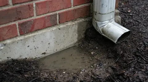 Downspout emptying into a muddy puddle against the foundation